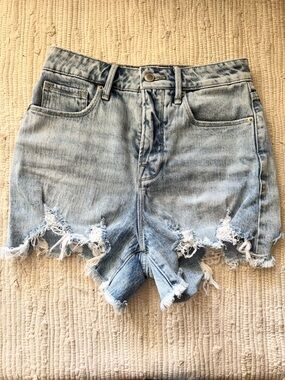 GOOD AMERICAN High Rise Distressed Denim Shorts Button Fly Size 2